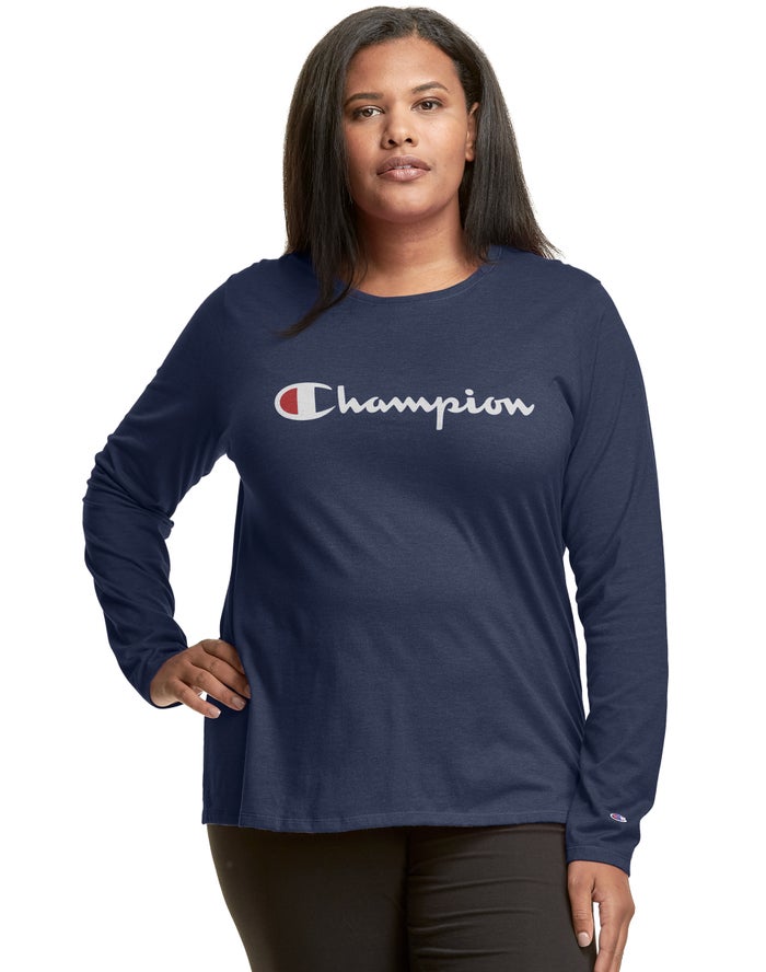 Camiseta Champion Mujer - Plus Classic Long-Sleeve Script Logo ( Azul Marino ) 2830541-XZ